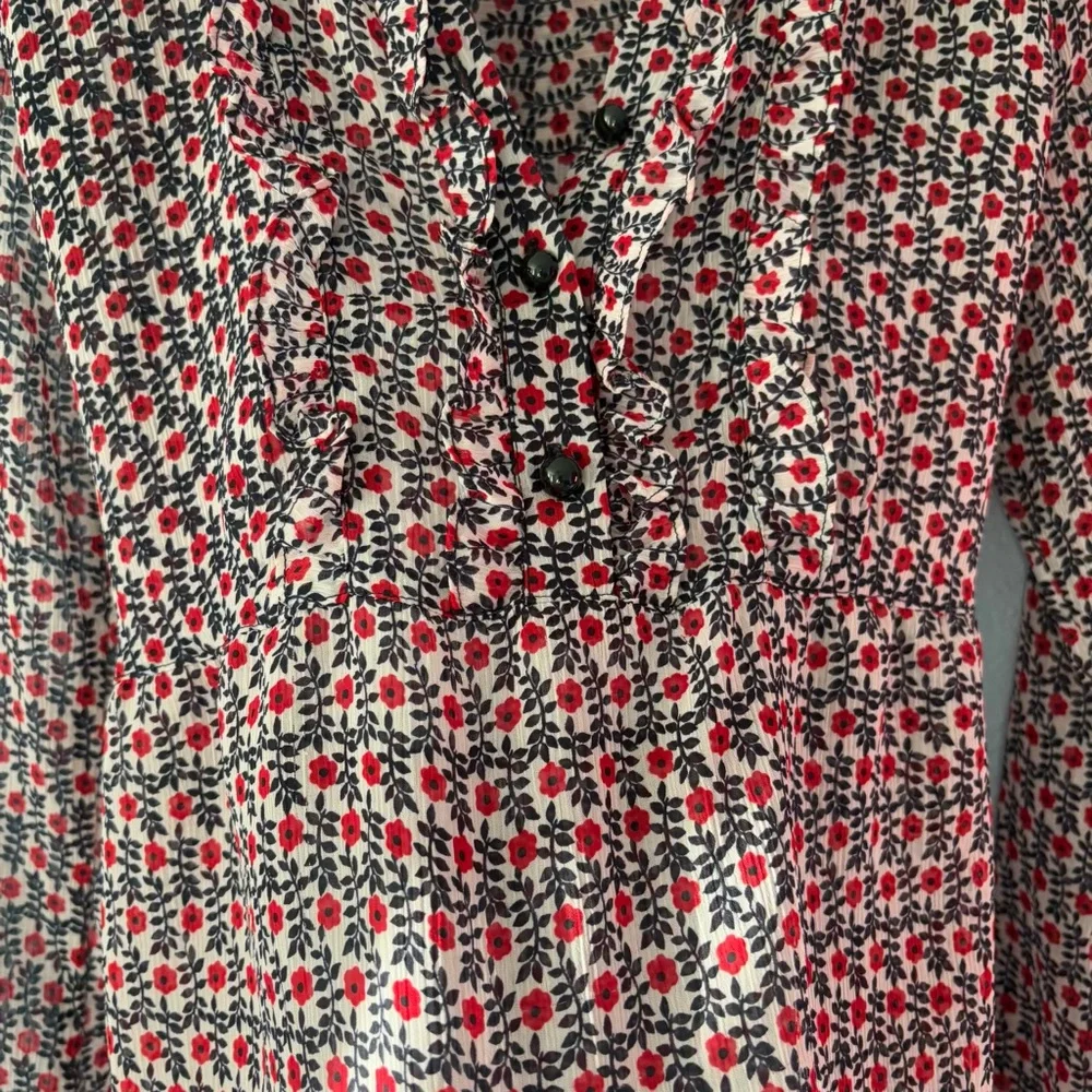 Vintage Forever 21 Red Black Floral Sheer Tunic Top Ruffle Y2K - Picture 5 of 14